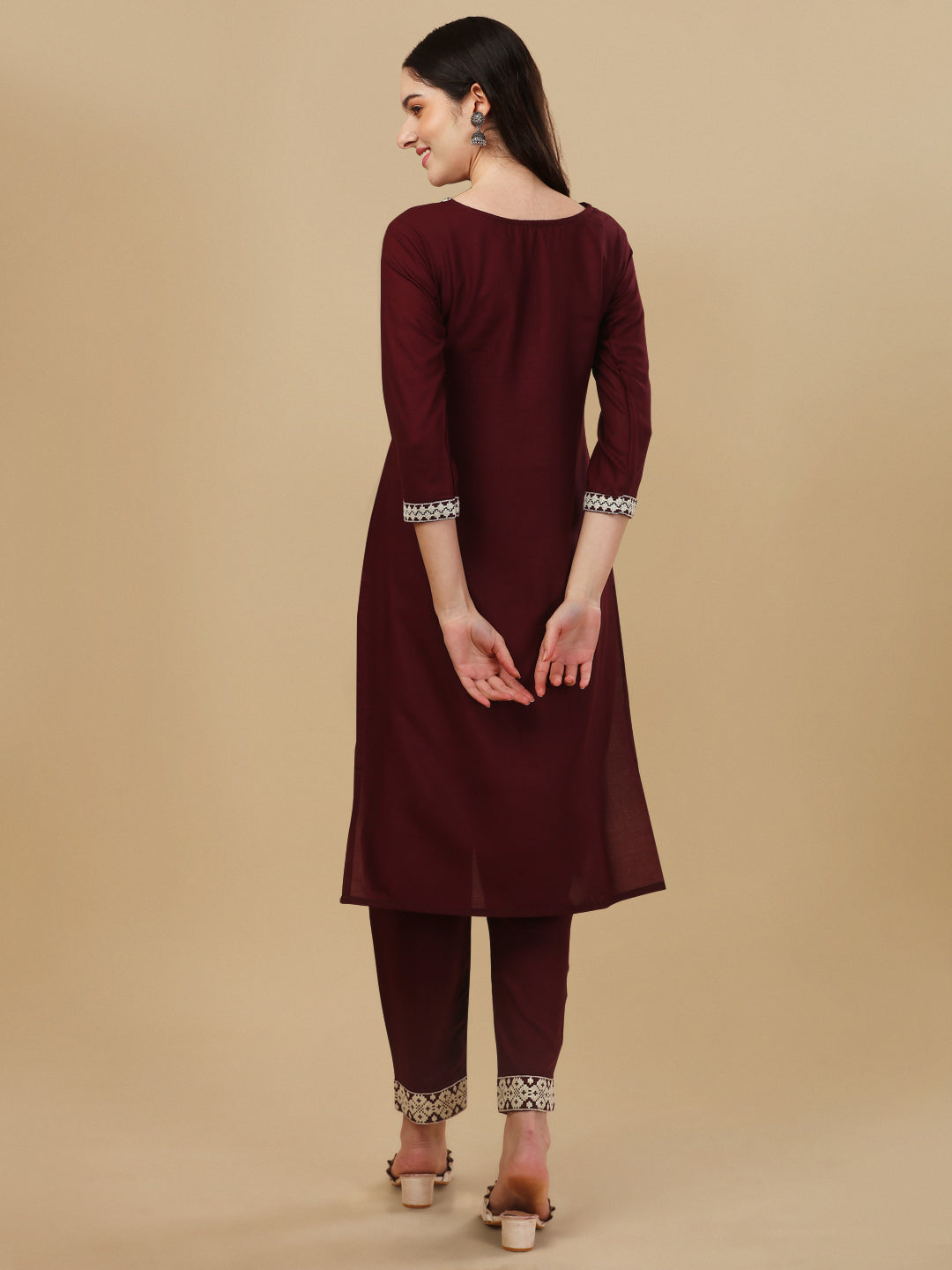 KURTI PANT SET WITH EMBROIDERY-MAROON