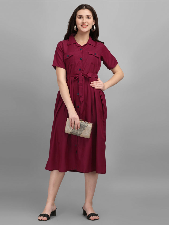 SOLID COLOURED SHIRT DRESS-MAROON