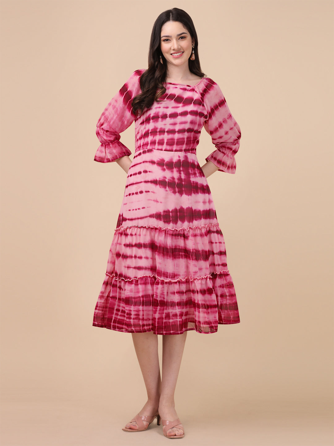 SHIBORI PRINTED MIDI DRESS-PINK