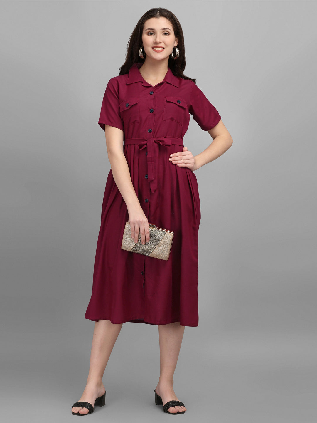 SOLID COLOURED SHIRT DRESS-WINE