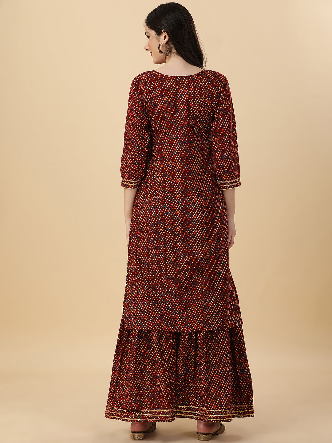 BANDHANI PRINTED SHARARA KURTI SET-MAROON