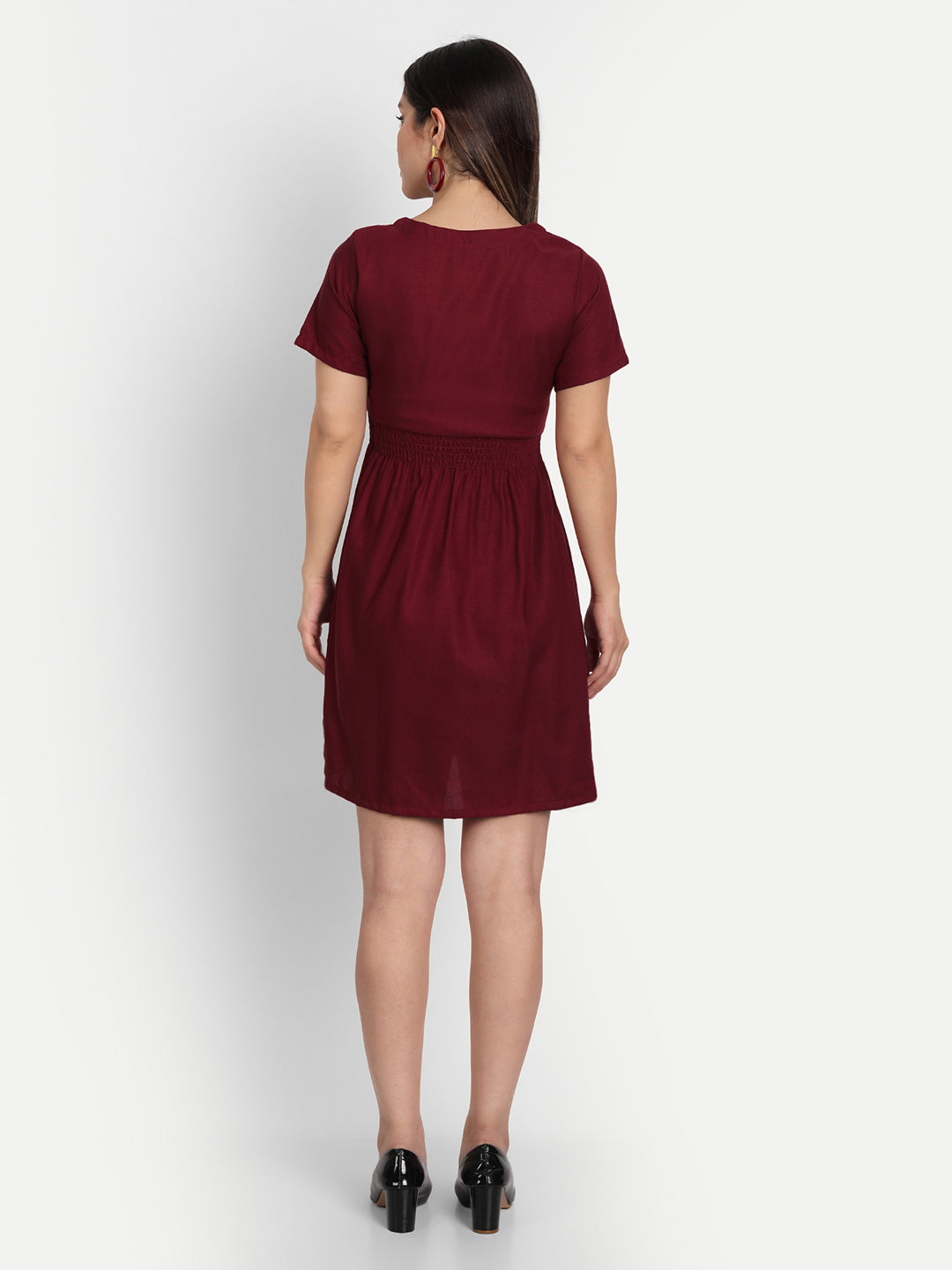 SOLID SHORT DRESS WITH RUFFLE-MAROON