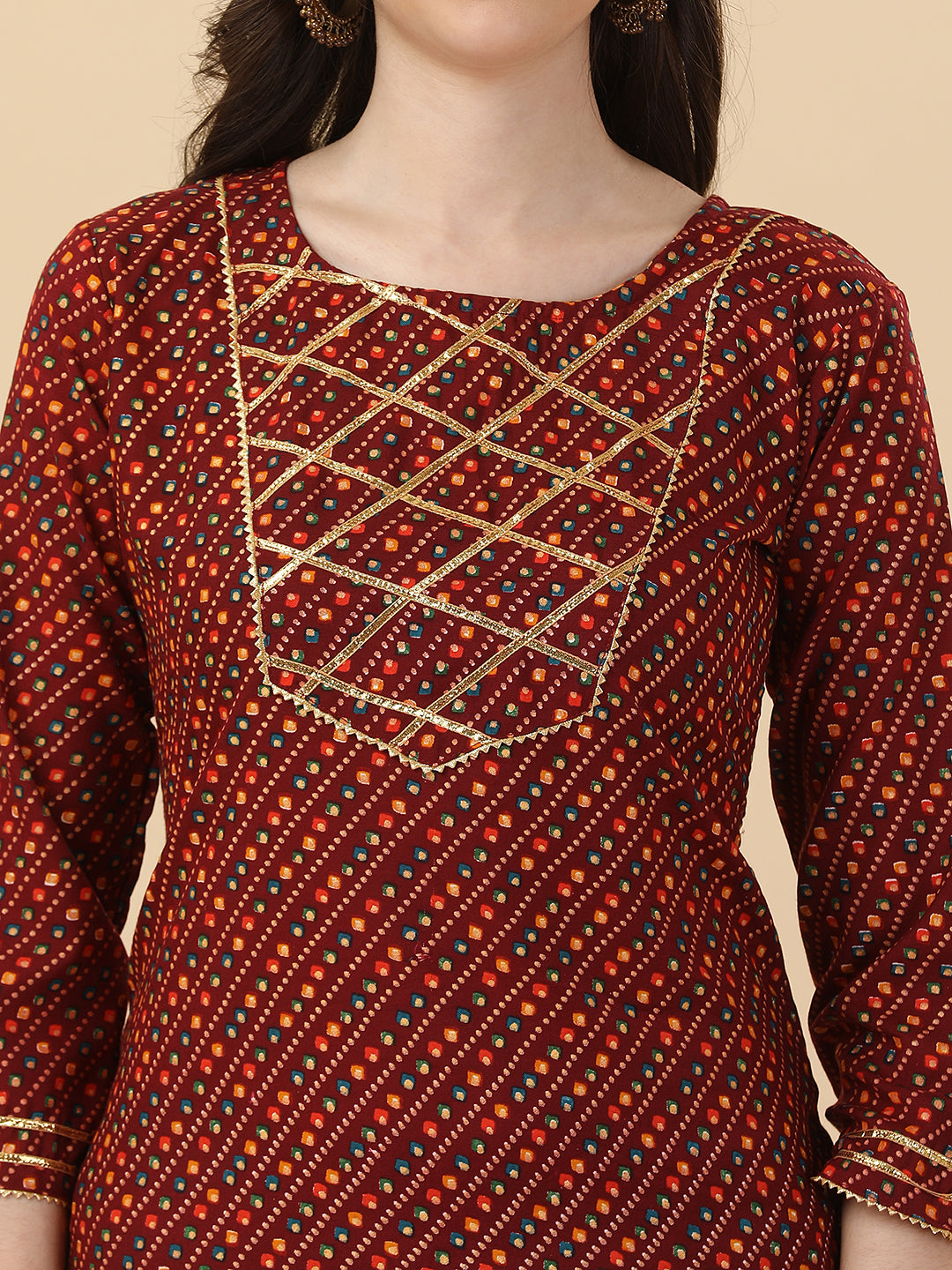 BANDHANI PRINTED SHARARA KURTI SET-MAROON