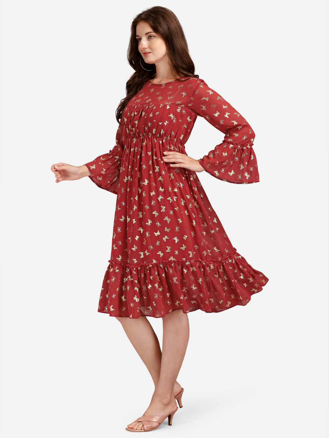 FLORAL GEORGETTE EMPIRE MIDI DRESS - MAROON