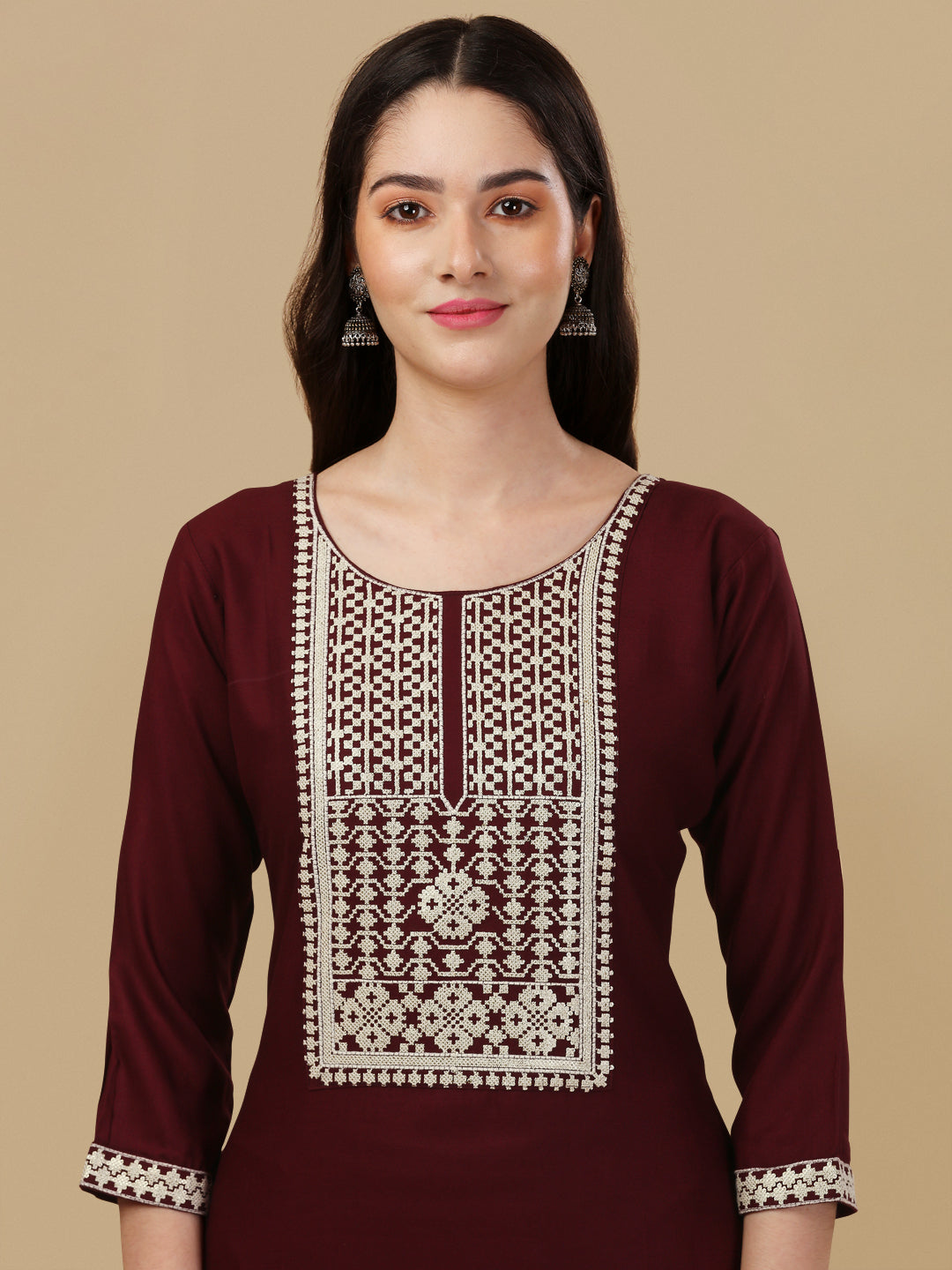 KURTI PANT SET WITH EMBROIDERY-MAROON