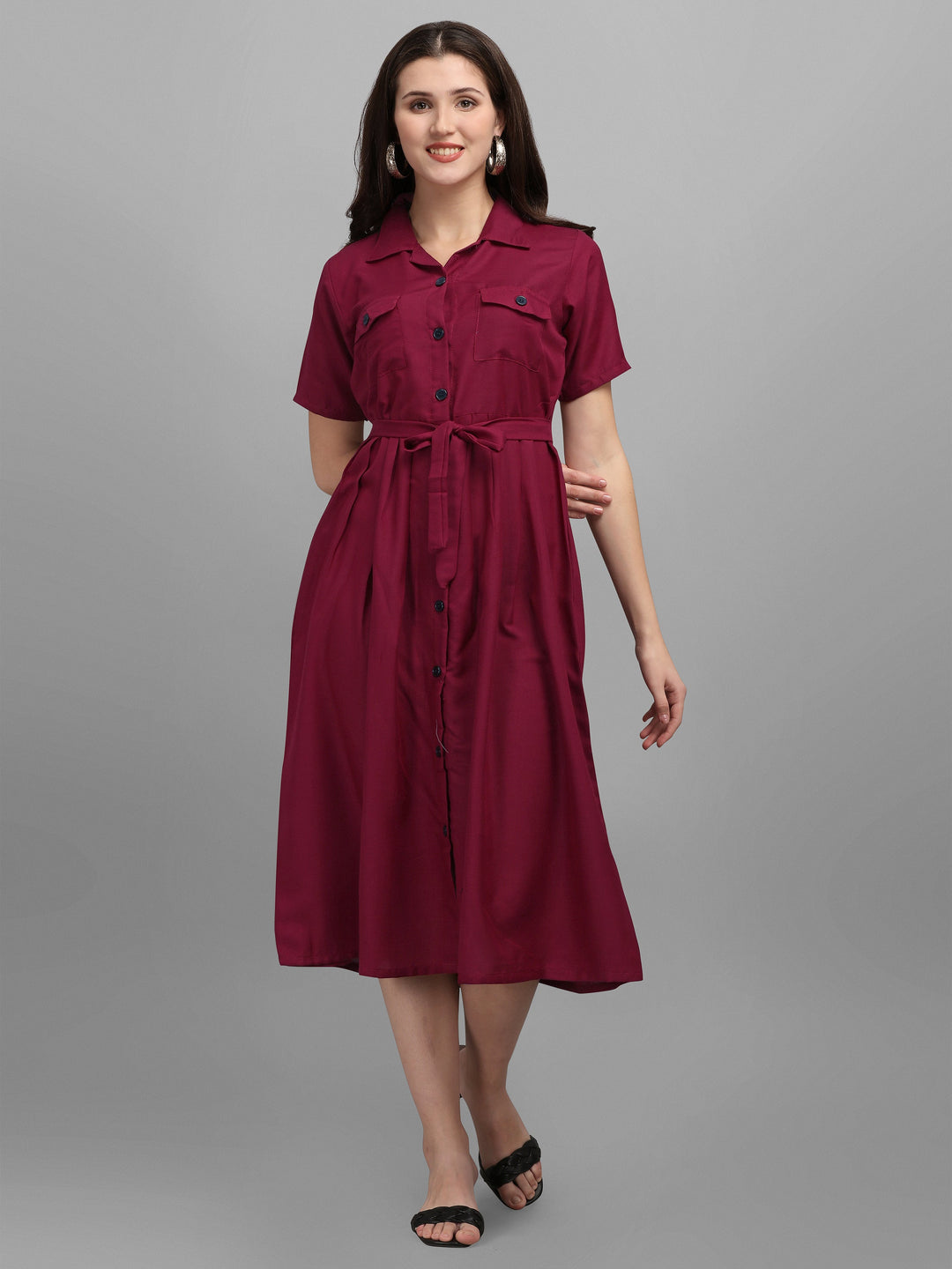 SOLID COLOURED SHIRT DRESS-WINE