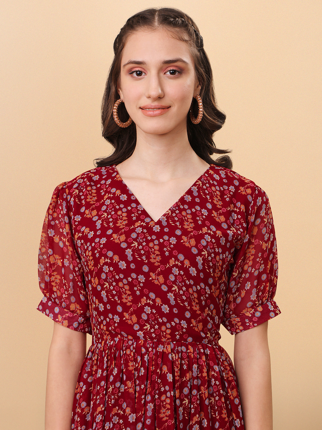 FLORAL PRINTED ELEGANT DROP-WAIST DRESS -MAROON