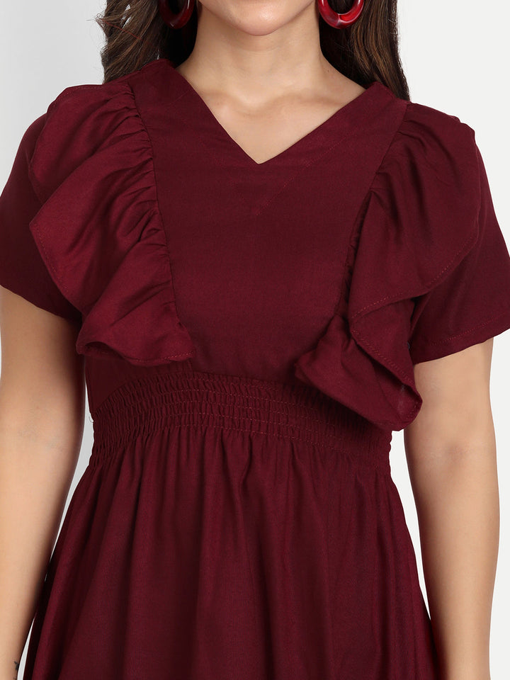 SOLID SHORT DRESS WITH RUFFLE-WINE