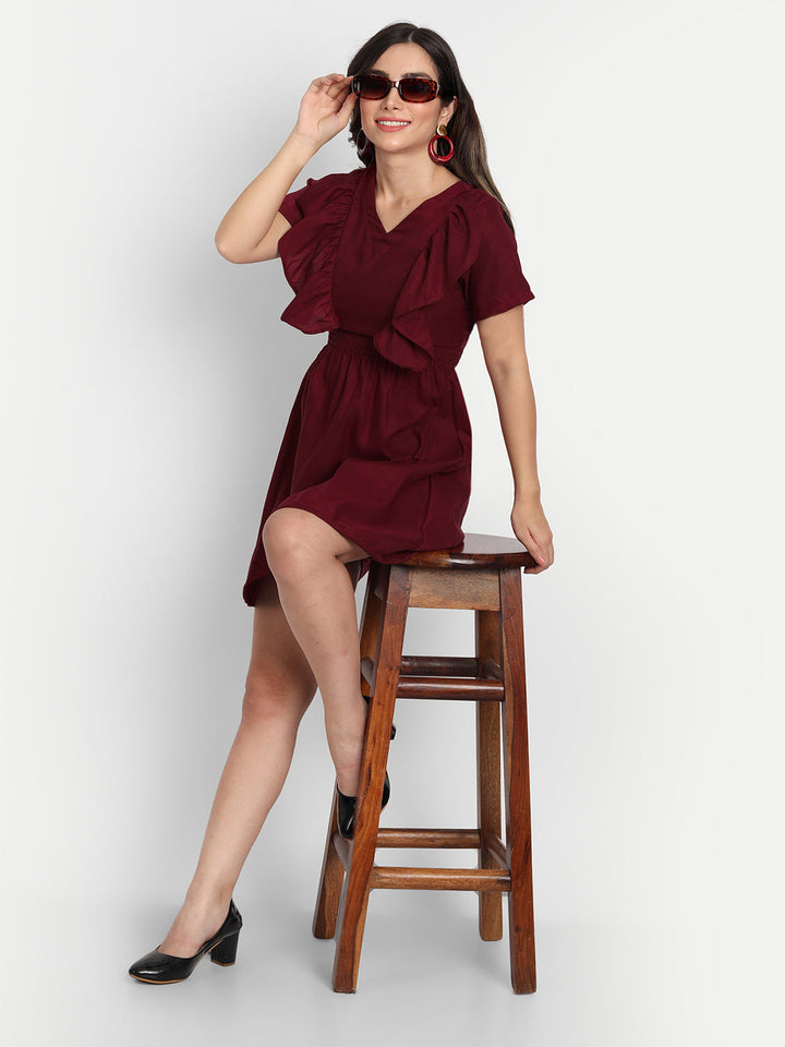 SOLID SHORT DRESS WITH RUFFLE-MAROON