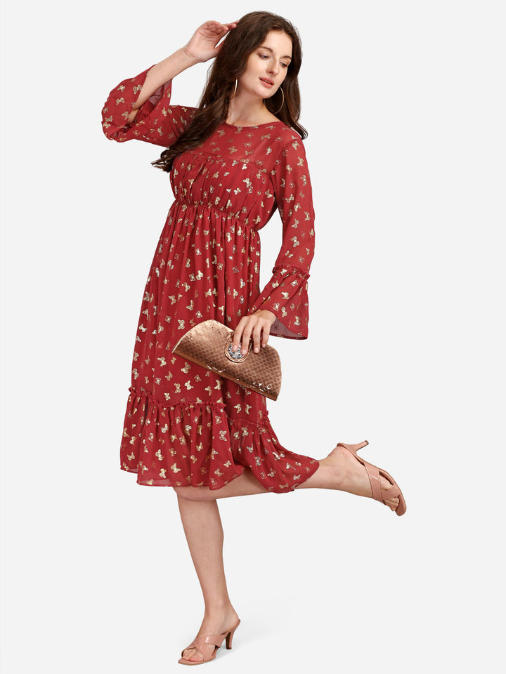 FLORAL GEORGETTE EMPIRE MIDI DRESS - MAROON