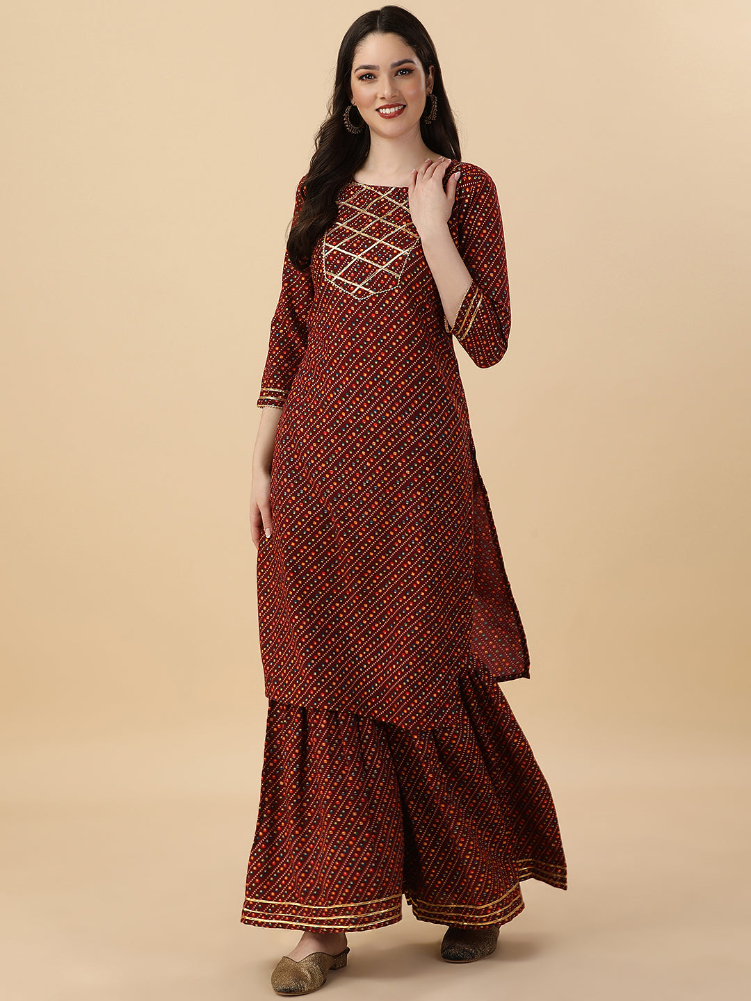 BANDHANI PRINTED SHARARA KURTI SET-MAROON