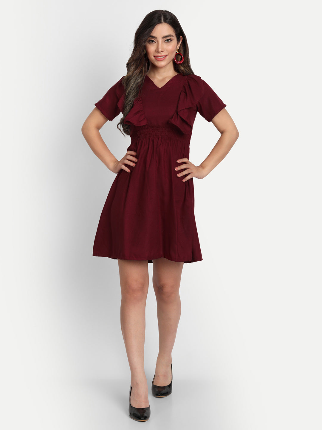 SOLID SHORT DRESS WITH RUFFLE-MAROON