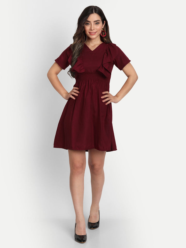 SOLID SHORT DRESS WITH RUFFLE-WINE