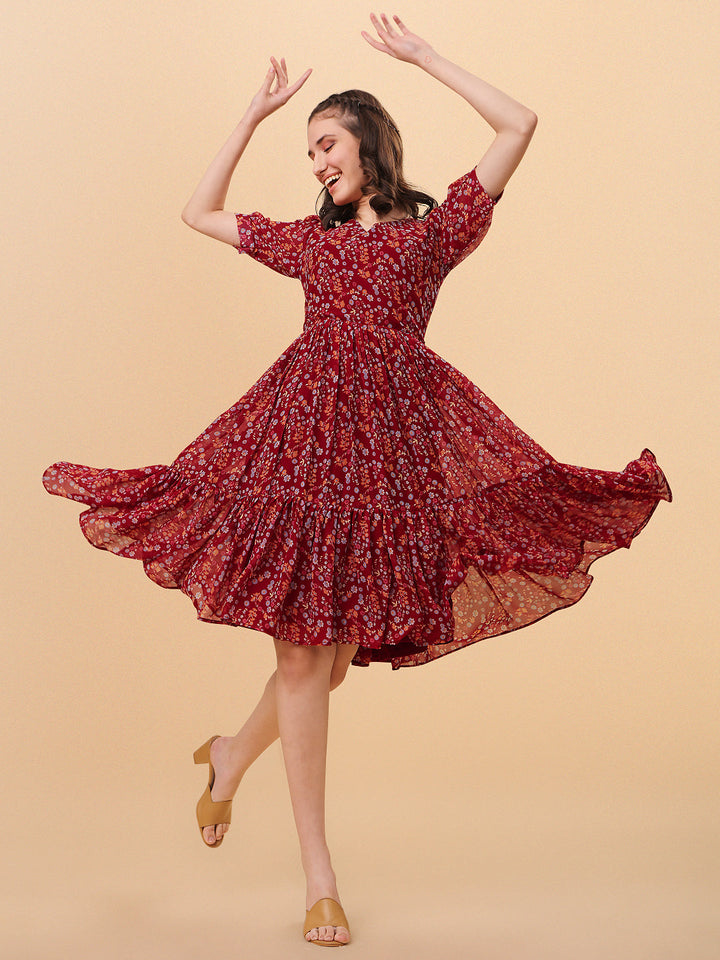 FLORAL PRINTED ELEGANT DROP-WAIST DRESS -MAROON