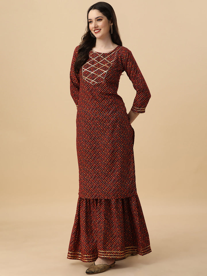 BANDHANI PRINTED SHARARA KURTI SET-MAROON