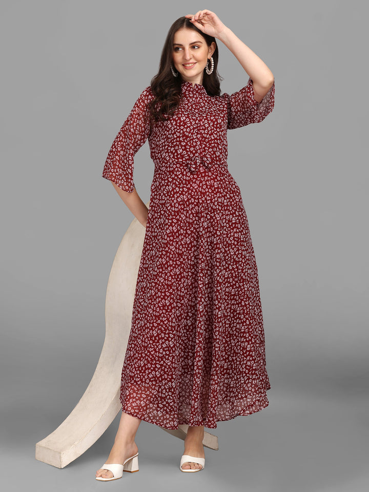 WOMEN ANIMAL PRINTED MAXI DRESS-MAROON