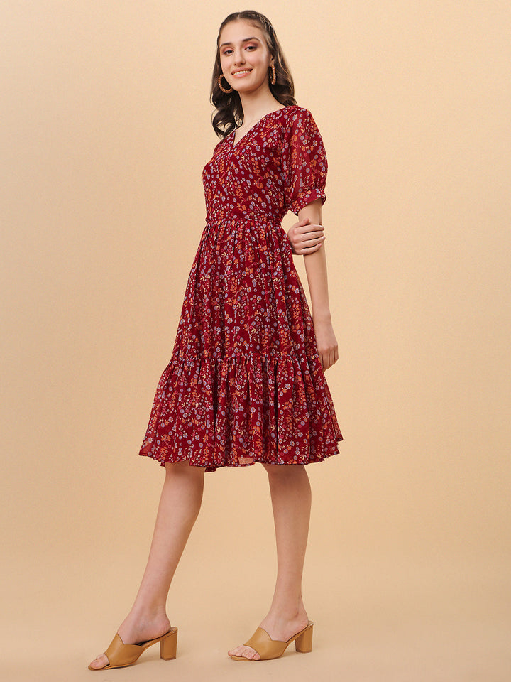 FLORAL PRINTED ELEGANT DROP-WAIST DRESS -MAROON