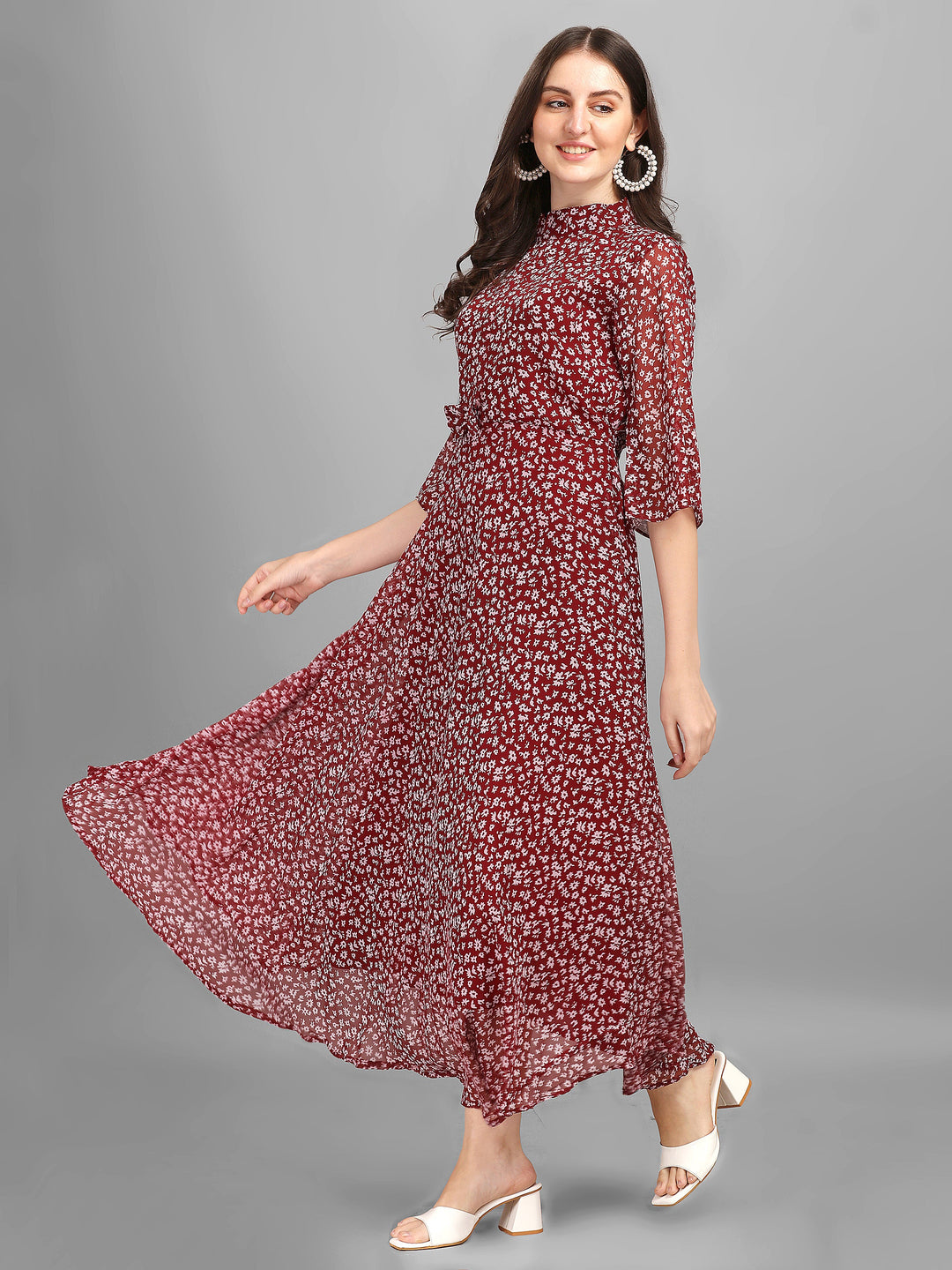 WOMEN ANIMAL PRINTED MAXI DRESS-MAROON