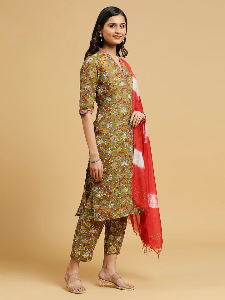 Embroidered Cotton Kurti, Pant, and Dupatta Set