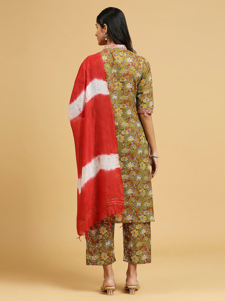 Embroidered Cotton Kurti, Pant, and Dupatta Set