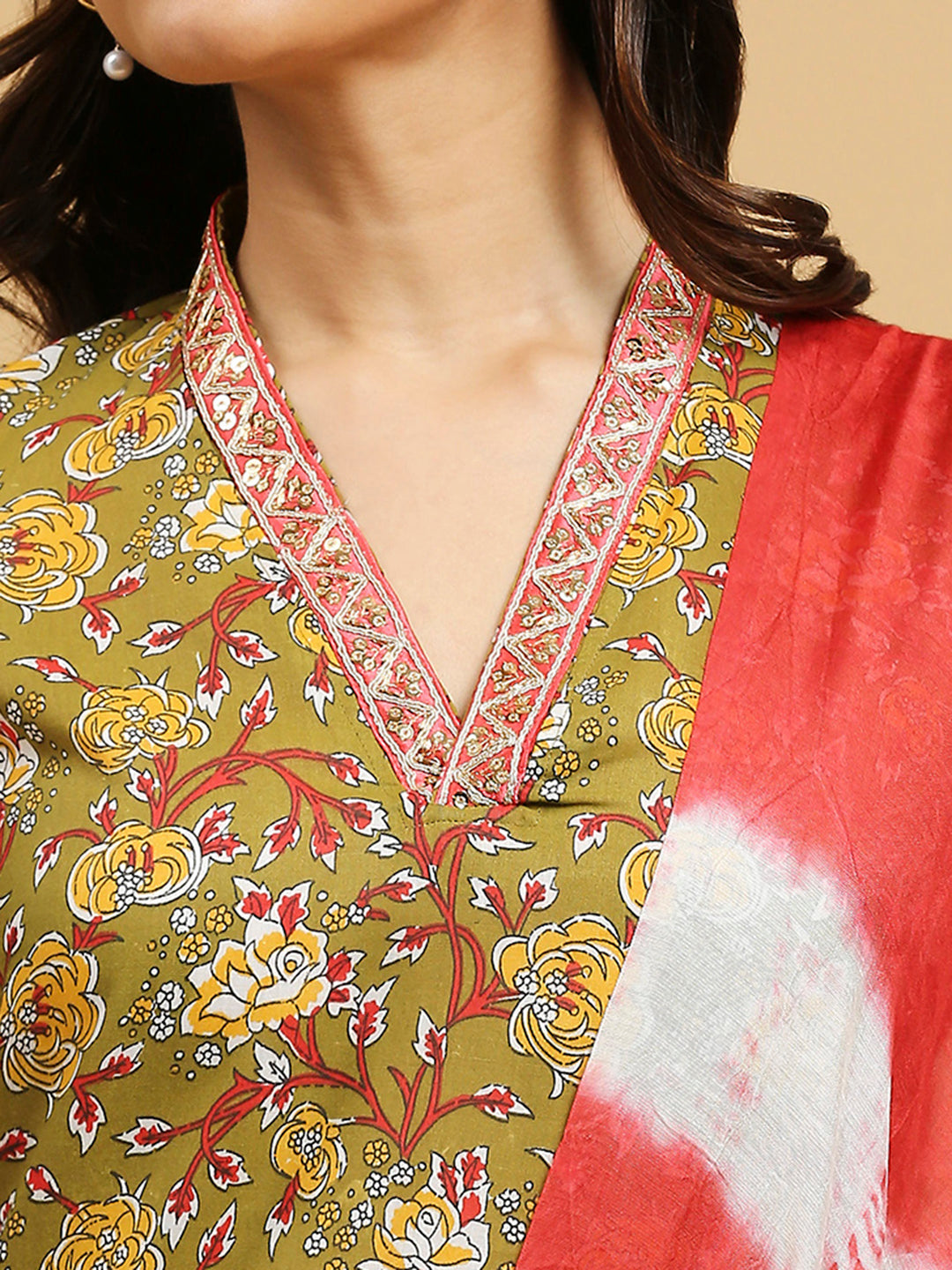 Embroidered Cotton Kurti, Pant, and Dupatta Set