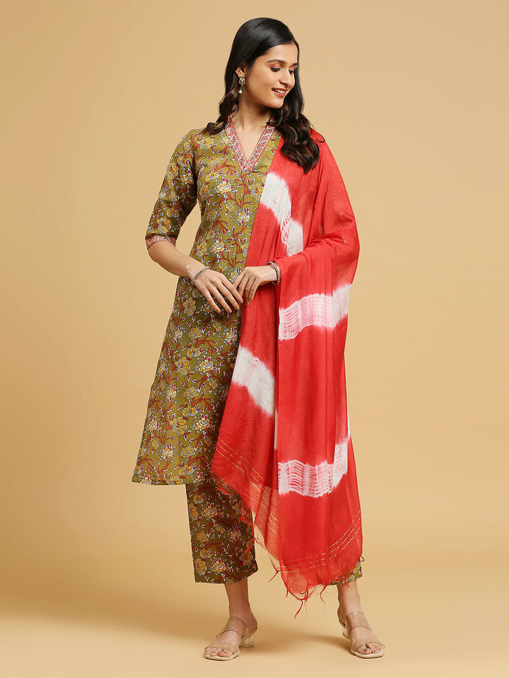 Embroidered Cotton Kurti, Pant, and Dupatta Set