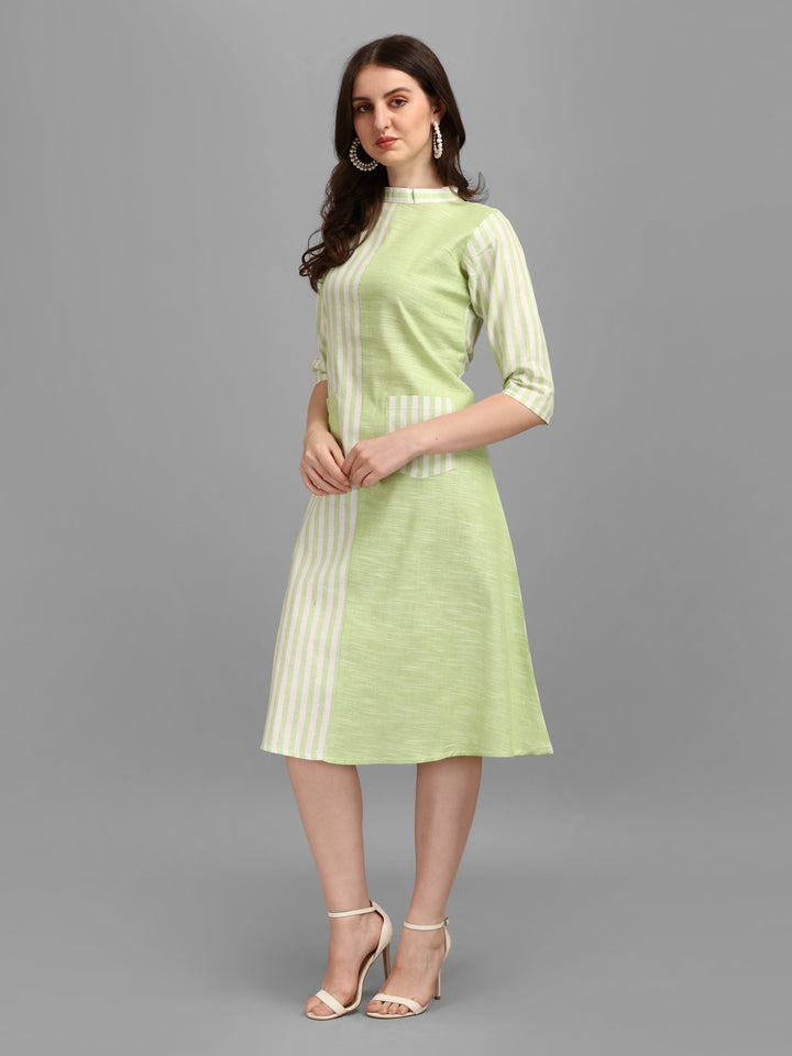 WOMEN STRIPED FANCY MIDI DRESS - AQUA GREEN