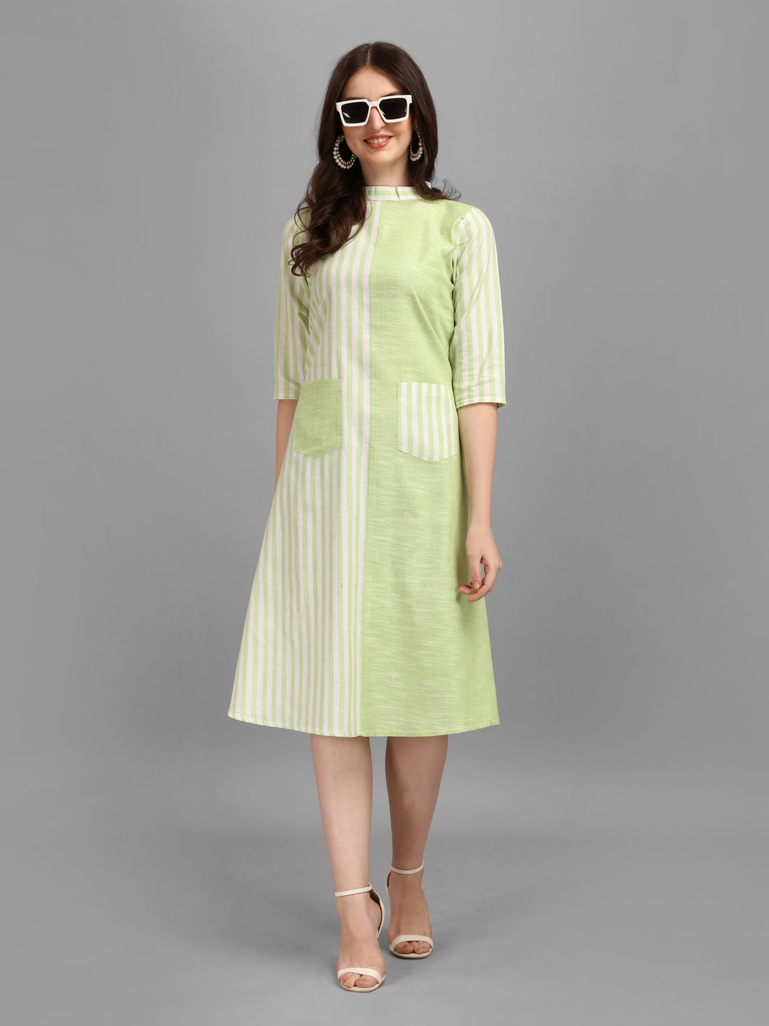 WOMEN STRIPED FANCY MIDI DRESS - AQUA GREEN