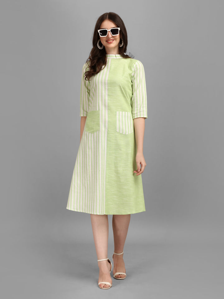 WOMEN STRIPED FANCY MIDI DRESS - AQUA GREEN