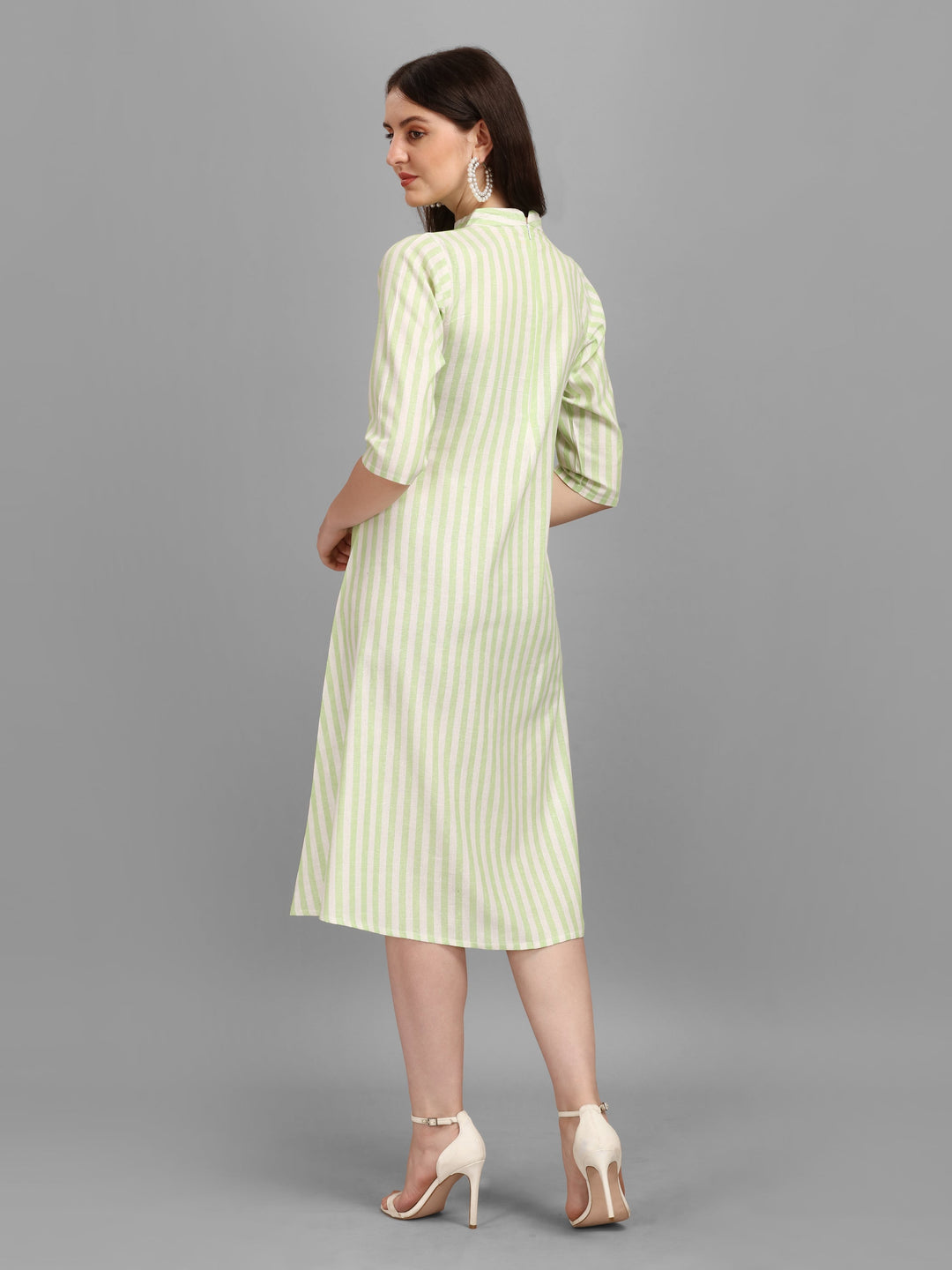 WOMEN STRIPED FANCY MIDI DRESS - YELLOW