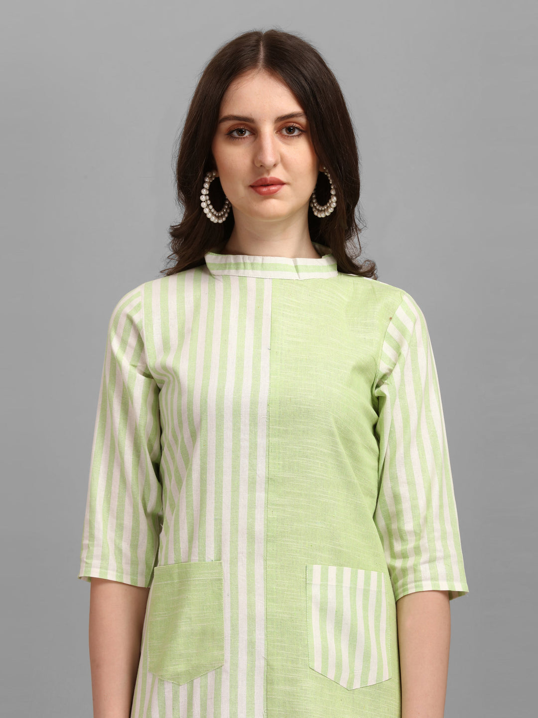 WOMEN STRIPED FANCY MIDI DRESS - MINT GREEN