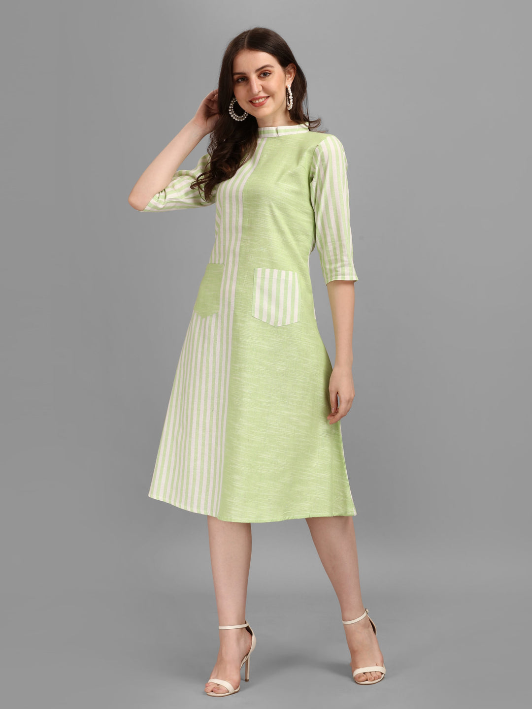 WOMEN STRIPED FANCY MIDI DRESS - YELLOW