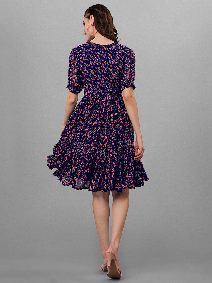 FLORAL PRINTED ELEGANT DROP-WAIST DRESS -NAVY BLUE