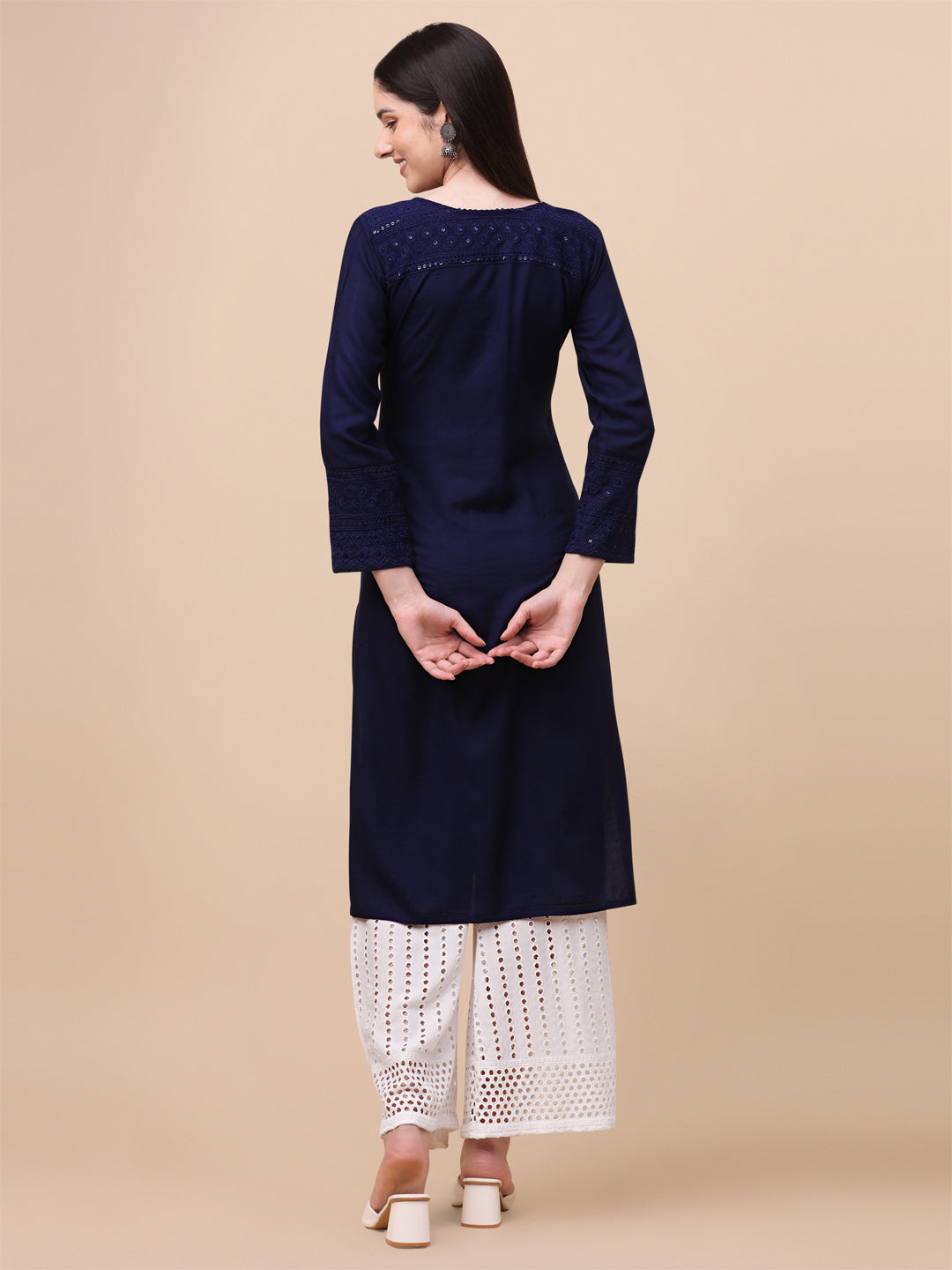 FANCY EMBROIDERY KURTI PALAZZO SET - NAVY BLUE