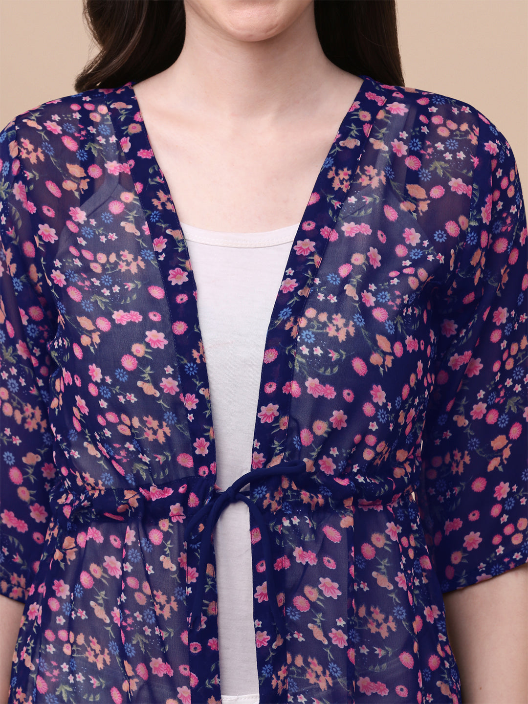 FLORAL PRINTED ELEGANT SHRUG -NAVY BLUE