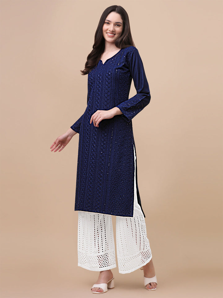 FANCY EMBROIDERY KURTI PALAZZO SET - NAVY BLUE