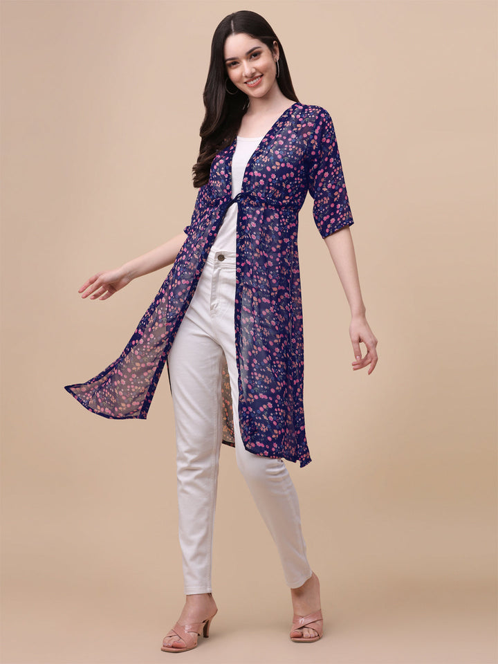 FLORAL PRINTED ELEGANT SHRUG -NAVY BLUE