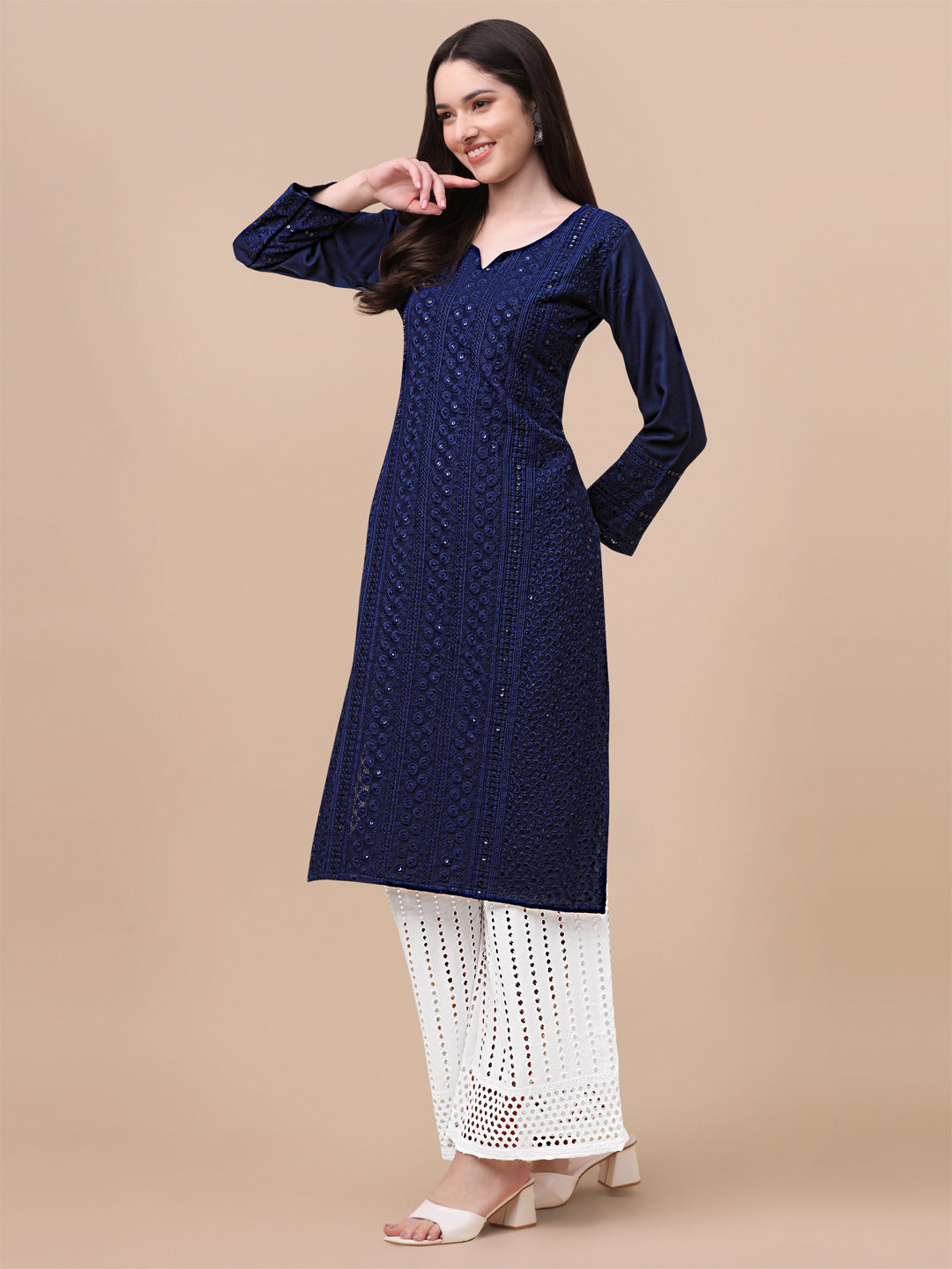 FANCY EMBROIDERY KURTI PALAZZO SET - NAVY BLUE