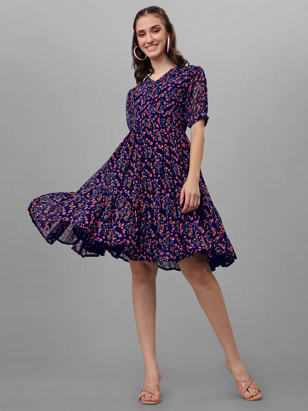 FLORAL PRINTED ELEGANT DROP-WAIST DRESS -NAVY BLUE