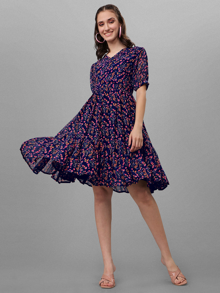 FLORAL PRINTED ELEGANT DROP-WAIST DRESS -NAVY BLUE