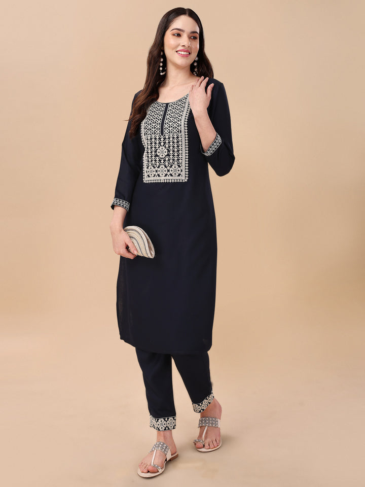 KURTI PANT SET WITH EMBROIDERY-DARK GREY