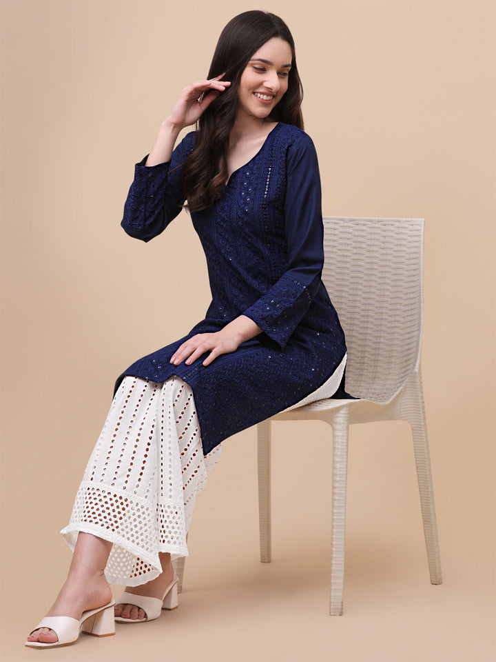 FANCY EMBROIDERY KURTI PALAZZO SET - NAVY BLUE