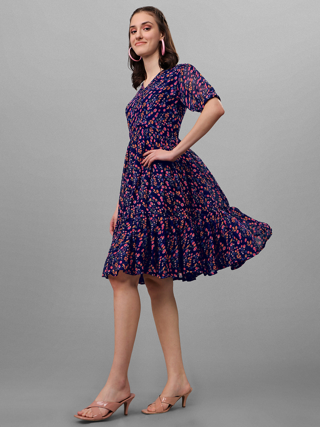 FLORAL PRINTED ELEGANT DROP-WAIST DRESS -NAVY BLUE