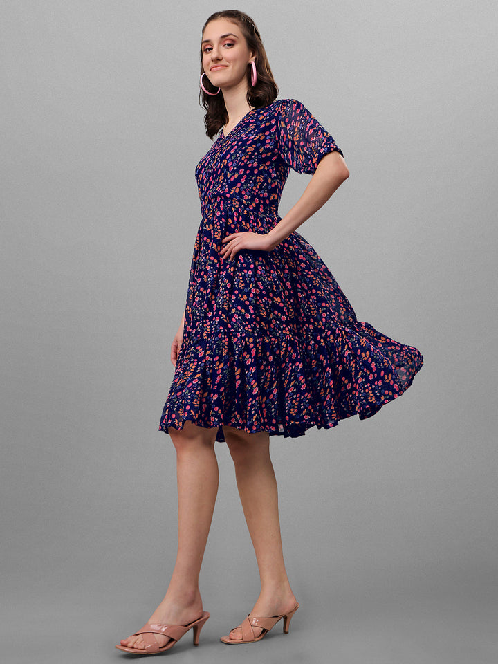 FLORAL PRINTED ELEGANT DROP-WAIST DRESS -NAVY BLUE