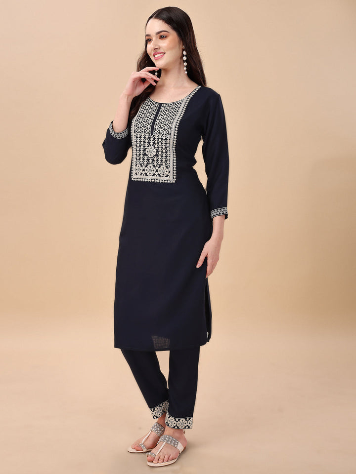 KURTI PANT SET WITH EMBROIDERY-NAVY BLUE