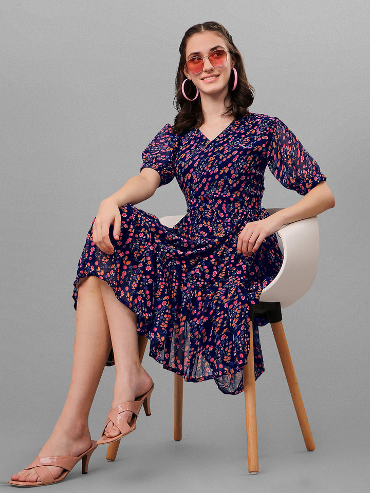 FLORAL PRINTED ELEGANT DROP-WAIST DRESS -NAVY BLUE