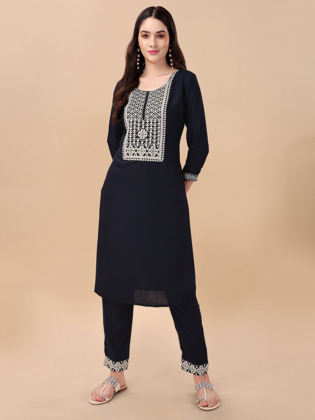 KURTI PANT SET WITH EMBROIDERY-DARK GREY