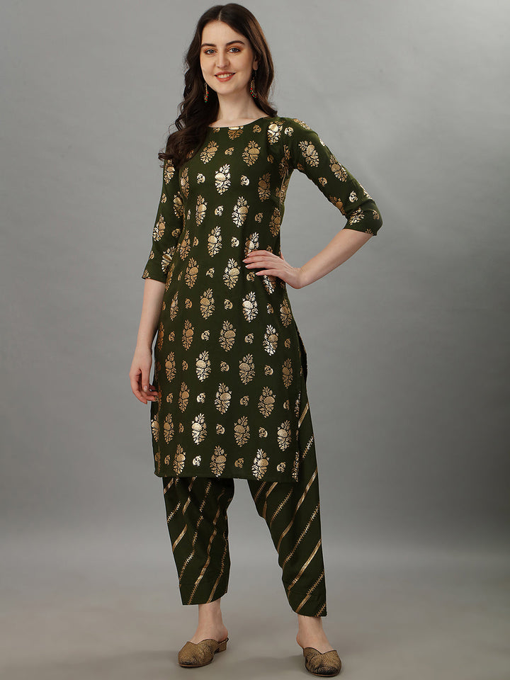 FOIL PRINTED KURTI SALAWAR SET-OLIVE GREEN