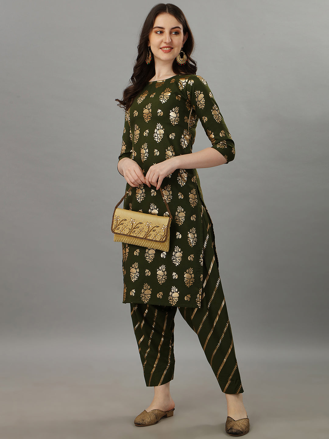 FOIL PRINTED KURTI SALAWAR SET-BEIGE