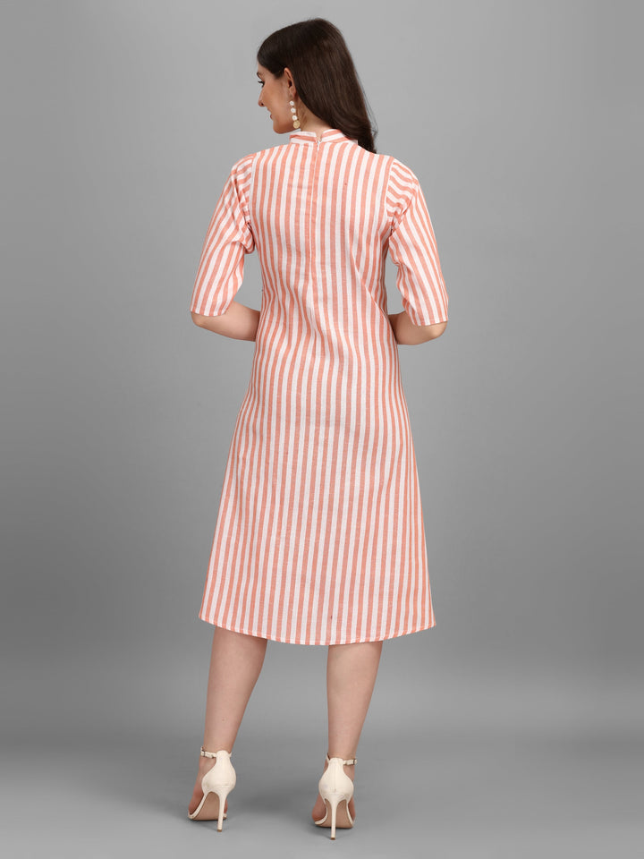 WOMEN STRIPED FANCY MIDI DRESS - ORANGE